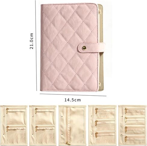 Travel Jewelry Organizer Case, PU Leather Jewelry Binder Organizer Box Portable Checkered Earrings Storage Bag with 4 Necklace Clips & 5 Zipper Velvet Pouch for Earrings,Necklaces Rings (Pink) in Saudi Arabia