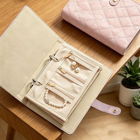Travel Jewelry Organizer Case, PU Leather Jewelry Binder Organizer Box Portable Checkered Earrings Storage Bag with 4 Necklace Clips & 5 Zipper Velvet Pouch for Earrings,Necklaces Rings (Pink) in Saudi Arabia