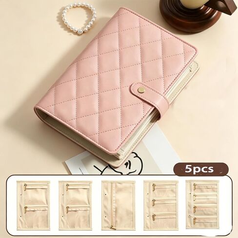 Travel Jewelry Organizer Case, PU Leather Jewelry Binder Organizer Box Portable Checkered Earrings Storage Bag with 4 Necklace Clips & 5 Zipper Velvet Pouch for Earrings,Necklaces Rings (Pink) in Saudi Arabia