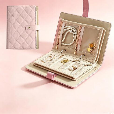 Travel Jewelry Organizer Case, PU Leather Jewelry Binder Organizer Box Portable Checkered Earrings Storage Bag with 4 Necklace Clips & 5 Zipper Velvet Pouch for Earrings,Necklaces Rings (Pink) in Saudi Arabia