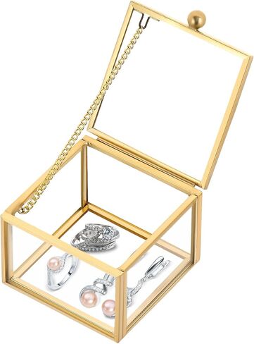 MYFULLY Vintage Gold Glass Jewelry Box, 2.36"x 2.36"x 1.77" Small Square Lidded Keepsake & Trinket Box for Rings, Earrings, Bracelets, Cards, Home and Vanity Display in Saudi Arabia