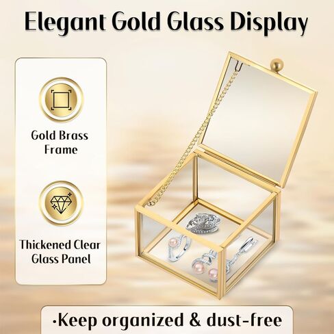 MYFULLY Vintage Gold Glass Jewelry Box, 2.36"x 2.36"x 1.77" Small Square Lidded Keepsake & Trinket Box for Rings, Earrings, Bracelets, Cards, Home and Vanity Display in Saudi Arabia