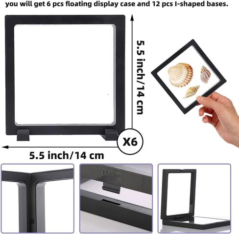 6 PCS 3D Floating Display Case with stand, Seashell Holder Frame Coins Floating Display Stand Transparent Jewelry Storage Box for Dollar Bill Fossils Stamps Bracelet (5.5x 5.5 x 0.8 Inch) in Saudi Arabia