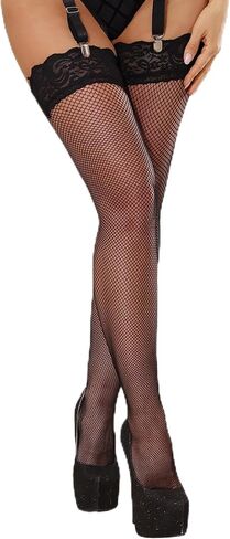 Lace Top Fishnet Thigh High Stockings for Women, Stay Up Silicone Anti-Slip Tights, Sheer Mesh Pantyhose, XS-5XL in Saudi Arabia