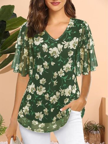 Women's 3/4 Sleeve Blouses and Tops Business Dressy Casual Shirts Double Layers Mesh Tunics Tops S-XXL in Kuwait