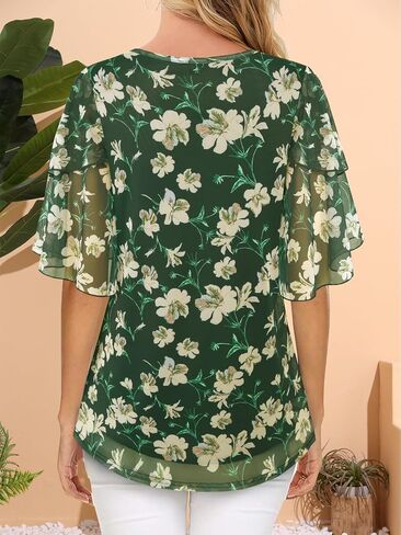 Women's 3/4 Sleeve Blouses and Tops Business Dressy Casual Shirts Double Layers Mesh Tunics Tops S-XXL in Kuwait
