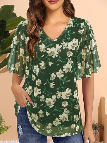 Women's 3/4 Sleeve Blouses and Tops Business Dressy Casual Shirts Double Layers Mesh Tunics Tops S-XXL in Kuwait