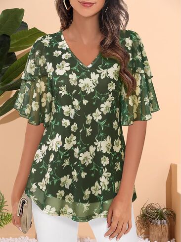 Women's 3/4 Sleeve Blouses and Tops Business Dressy Casual Shirts Double Layers Mesh Tunics Tops S-XXL in Kuwait
