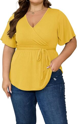 Plus Size Tops for Women V Neck Short Sleeve Shirts Tie Front Tunic Wrap Solid Casual Blouses 1X-5X in Saudi Arabia