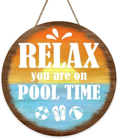 Relax You are on Pool Time Front Door Sign, Beach Swimming Pool Rules Sunset Wooden Hanger Outdoor Patio Home Decor, Coastal Summer Poolside Farmhouse Wreath Indoor Wall Hanging Decoration in Saudi Arabia