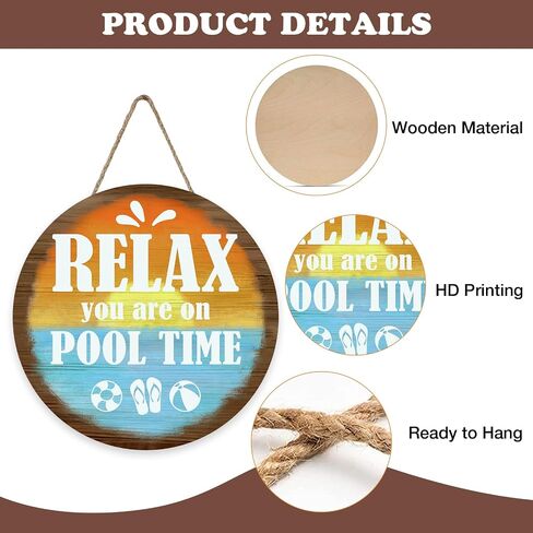 Relax You are on Pool Time Front Door Sign, Beach Swimming Pool Rules Sunset Wooden Hanger Outdoor Patio Home Decor, Coastal Summer Poolside Farmhouse Wreath Indoor Wall Hanging Decoration in Saudi Arabia