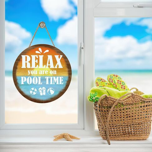 Relax You are on Pool Time Front Door Sign, Beach Swimming Pool Rules Sunset Wooden Hanger Outdoor Patio Home Decor, Coastal Summer Poolside Farmhouse Wreath Indoor Wall Hanging Decoration in Saudi Arabia