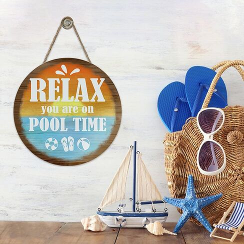 Relax You are on Pool Time Front Door Sign, Beach Swimming Pool Rules Sunset Wooden Hanger Outdoor Patio Home Decor, Coastal Summer Poolside Farmhouse Wreath Indoor Wall Hanging Decoration in Saudi Arabia
