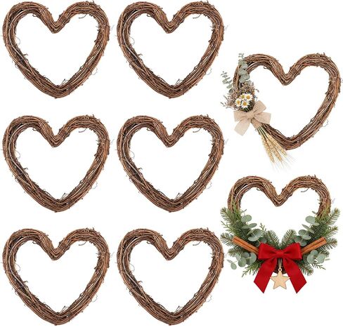 6 Pcs 8 Inch Heart Shaped Natural Grapevine Wreath Set, Hand-Woven Vine Branch Wreaths for DIY Crafts, Christmas Decorations, Home & Event Styling in Saudi Arabia