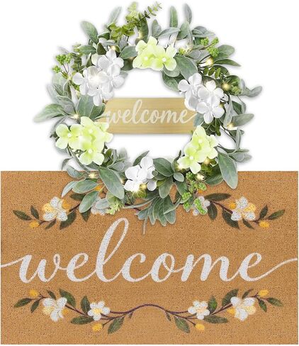 Welcome Mat Wreath Set with LED Front Door Greenery Spring Doormat Wreaths All Season Summer Floral Artificial Decor for Porch Entryway Wall Farmhouse Patio Garden Festival 18 in in Saudi Arabia