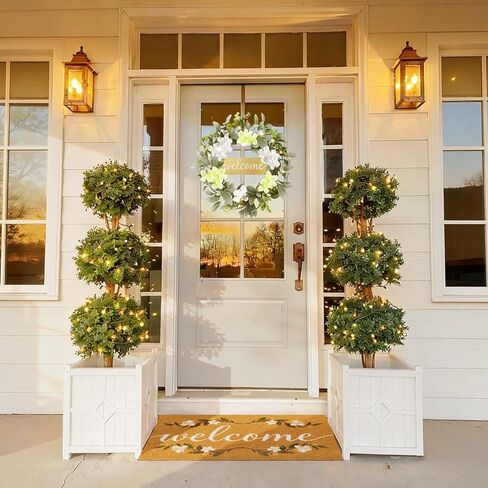 Welcome Mat Wreath Set with LED Front Door Greenery Spring Doormat Wreaths All Season Summer Floral Artificial Decor for Porch Entryway Wall Farmhouse Patio Garden Festival 18 in in Saudi Arabia
