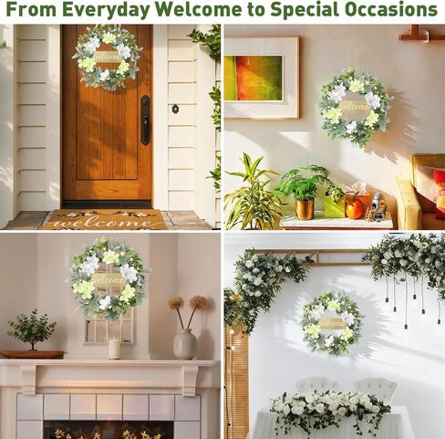 Welcome Mat Wreath Set with LED Front Door Greenery Spring Doormat Wreaths All Season Summer Floral Artificial Decor for Porch Entryway Wall Farmhouse Patio Garden Festival 18 in in Saudi Arabia