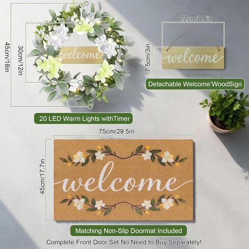 Welcome Mat Wreath Set with LED Front Door Greenery Spring Doormat Wreaths All Season Summer Floral Artificial Decor for Porch Entryway Wall Farmhouse Patio Garden Festival 18 in in Saudi Arabia