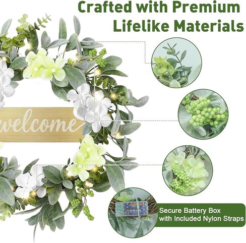 Welcome Mat Wreath Set with LED Front Door Greenery Spring Doormat Wreaths All Season Summer Floral Artificial Decor for Porch Entryway Wall Farmhouse Patio Garden Festival 18 in in Saudi Arabia
