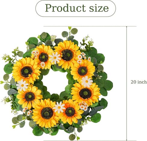 Sunflower Wreath for Front Door 20 Inch Summer Wreath with Daisies and Eucalyptus Leaves for Indoor Outdoor Wall Door Decoration for Home Farmhouse in Saudi Arabia