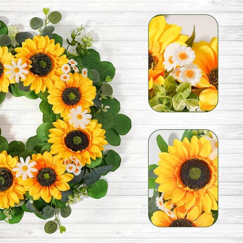 Sunflower Wreath for Front Door 20 Inch Summer Wreath with Daisies and Eucalyptus Leaves for Indoor Outdoor Wall Door Decoration for Home Farmhouse in Saudi Arabia