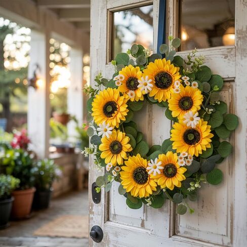 Sunflower Wreath for Front Door 20 Inch Summer Wreath with Daisies and Eucalyptus Leaves for Indoor Outdoor Wall Door Decoration for Home Farmhouse in Saudi Arabia