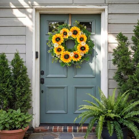 Sunflower Wreath for Front Door 20 Inch Summer Wreath with Daisies and Eucalyptus Leaves for Indoor Outdoor Wall Door Decoration for Home Farmhouse in Saudi Arabia