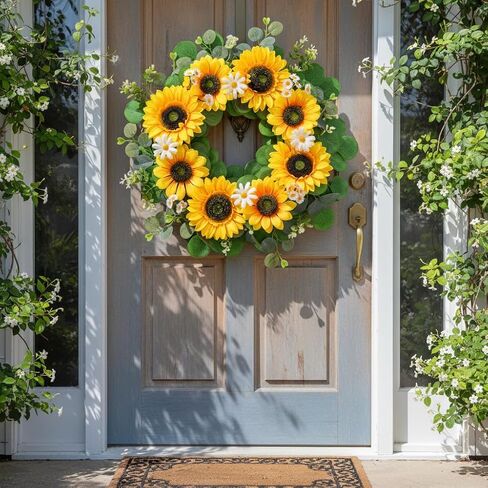 Sunflower Wreath for Front Door 20 Inch Summer Wreath with Daisies and Eucalyptus Leaves for Indoor Outdoor Wall Door Decoration for Home Farmhouse in Saudi Arabia