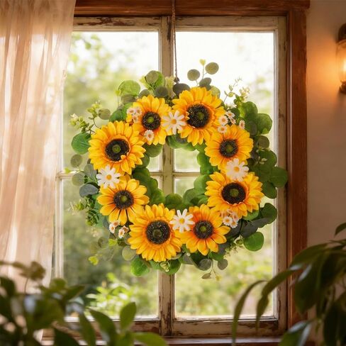 Sunflower Wreath for Front Door 20 Inch Summer Wreath with Daisies and Eucalyptus Leaves for Indoor Outdoor Wall Door Decoration for Home Farmhouse in Saudi Arabia
