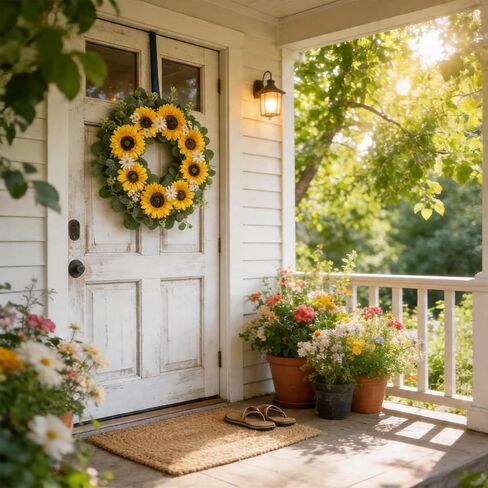 Sunflower Wreath for Front Door 20 Inch Summer Wreath with Daisies and Eucalyptus Leaves for Indoor Outdoor Wall Door Decoration for Home Farmhouse in Saudi Arabia