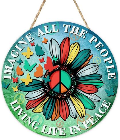 Imagine All The People Living Life in Peace Sunflower Front Door Sign, Inspirational Flower Butterfly Wood Plaque Hanger, Positive Floral Inclusion Diversity Wooden Wreath Wall Hanging Decor in Saudi Arabia