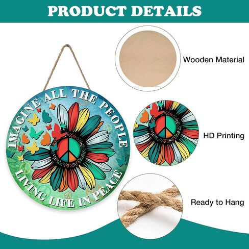 Imagine All The People Living Life in Peace Sunflower Front Door Sign, Inspirational Flower Butterfly Wood Plaque Hanger, Positive Floral Inclusion Diversity Wooden Wreath Wall Hanging Decor in Saudi Arabia