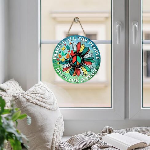 Imagine All The People Living Life in Peace Sunflower Front Door Sign, Inspirational Flower Butterfly Wood Plaque Hanger, Positive Floral Inclusion Diversity Wooden Wreath Wall Hanging Decor in Saudi Arabia