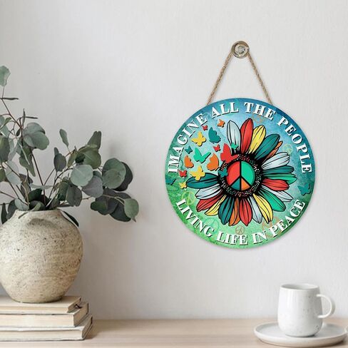 Imagine All The People Living Life in Peace Sunflower Front Door Sign, Inspirational Flower Butterfly Wood Plaque Hanger, Positive Floral Inclusion Diversity Wooden Wreath Wall Hanging Decor in Saudi Arabia