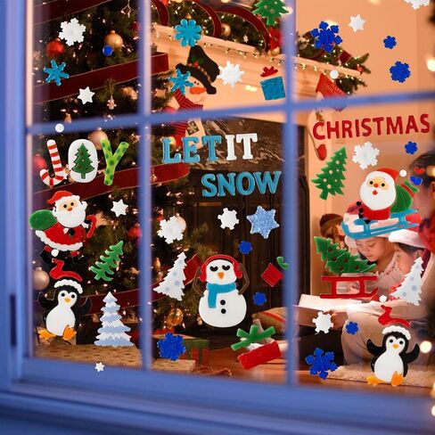 Christmas Window Clings Gel - 6 Sheets of Snowman, Blue Snowflakes, Penguin and Santa Claus, Winter & Holiday Designs for Glass Windows in Saudi Arabia