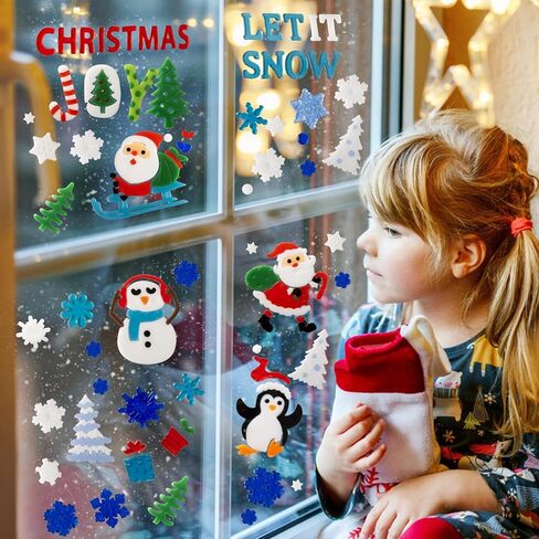 Christmas Window Clings Gel - 6 Sheets of Snowman, Blue Snowflakes, Penguin and Santa Claus, Winter & Holiday Designs for Glass Windows in Saudi Arabia