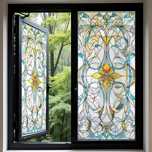Window Cling Privacy Window Film Frosted Window Film Decorative Window Film 17.5 x 39.4 Inch Stained Glass Leaves Pattern Window Film for Bathroom Kitchen Office Bedroom Glass Door in Saudi Arabia