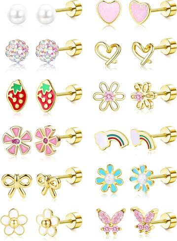 LOYALLOOK 12Pairs Hypoallergenic Flat Back Earrings for Women 14K Gold Plated Screw Back Stud Earrings Cute Trendy Surgical Steel Earring for Sensitive Ears Flower Butterfly Strawberry Flatback Studs in Kuwait