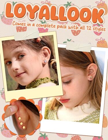 LOYALLOOK 12Pairs Hypoallergenic Flat Back Earrings for Women 14K Gold Plated Screw Back Stud Earrings Cute Trendy Surgical Steel Earring for Sensitive Ears Flower Butterfly Strawberry Flatback Studs in Kuwait