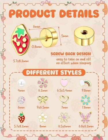 LOYALLOOK 12Pairs Hypoallergenic Flat Back Earrings for Women 14K Gold Plated Screw Back Stud Earrings Cute Trendy Surgical Steel Earring for Sensitive Ears Flower Butterfly Strawberry Flatback Studs in Kuwait