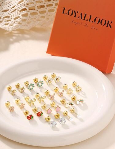 LOYALLOOK 12Pairs Hypoallergenic Flat Back Earrings for Women 14K Gold Plated Screw Back Stud Earrings Cute Trendy Surgical Steel Earring for Sensitive Ears Flower Butterfly Strawberry Flatback Studs in Kuwait