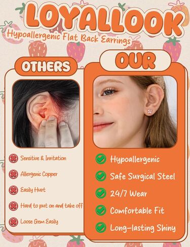 LOYALLOOK 12Pairs Hypoallergenic Flat Back Earrings for Women 14K Gold Plated Screw Back Stud Earrings Cute Trendy Surgical Steel Earring for Sensitive Ears Flower Butterfly Strawberry Flatback Studs in Kuwait