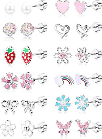 LOYALLOOK 12Pairs Hypoallergenic Flat Back Earrings for Women 14K Gold Plated Screw Back Stud Earrings Cute Trendy Surgical Steel Earring for Sensitive Ears Flower Butterfly Strawberry Flatback Studs in Kuwait