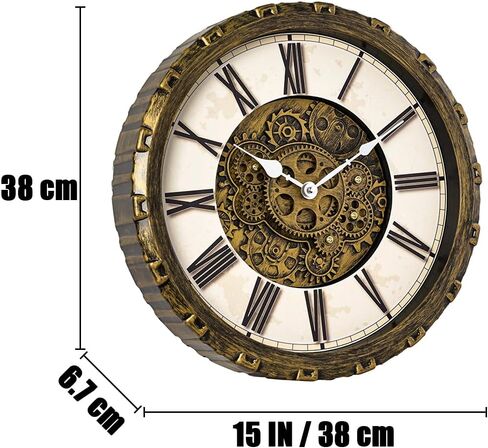 ساعة حائط مقاس 15 بوصة مع تروس متحركة حقيقية، ديكور حائط عتيق Steampunk صناعي، ساعات حائط معدنية عتيقة بأرقام كبيرة لمكتب المطبخ وغرفة الدراسة وغرفة المعيشة (برونزية) in Kuwait