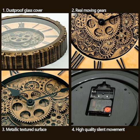 ساعة حائط مقاس 15 بوصة مع تروس متحركة حقيقية، ديكور حائط عتيق Steampunk صناعي، ساعات حائط معدنية عتيقة بأرقام كبيرة لمكتب المطبخ وغرفة الدراسة وغرفة المعيشة (برونزية) in Kuwait