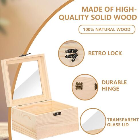 Vintage Wooden Gift Box with Clear Glass Lid – Rustic Display Keepsake Box for Jewelry, Party Favors, DIY Crafts, Birthdays, Weddings & Festive Gifts in Saudi Arabia