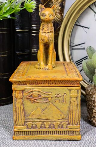 Ebros Gift Ancient Egyptian Cat Goddess Bastet With Eye Of Horus Pyramid And Hieroglyphic Deities Pattern Decorative Jewelry Box Figurine In Desert Sandstone Finish in Kuwait