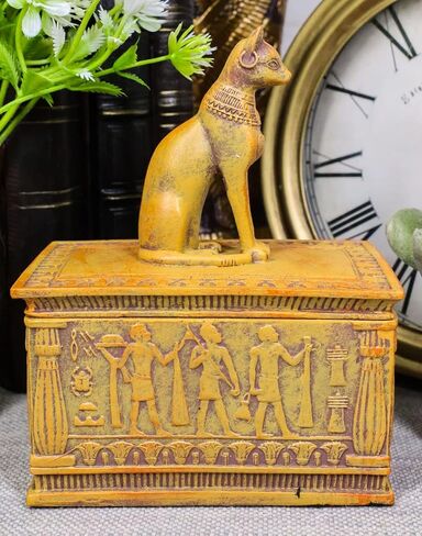 Ebros Gift Ancient Egyptian Cat Goddess Bastet With Eye Of Horus Pyramid And Hieroglyphic Deities Pattern Decorative Jewelry Box Figurine In Desert Sandstone Finish in Kuwait