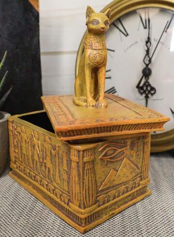 Ebros Gift Ancient Egyptian Cat Goddess Bastet With Eye Of Horus Pyramid And Hieroglyphic Deities Pattern Decorative Jewelry Box Figurine In Desert Sandstone Finish in Kuwait