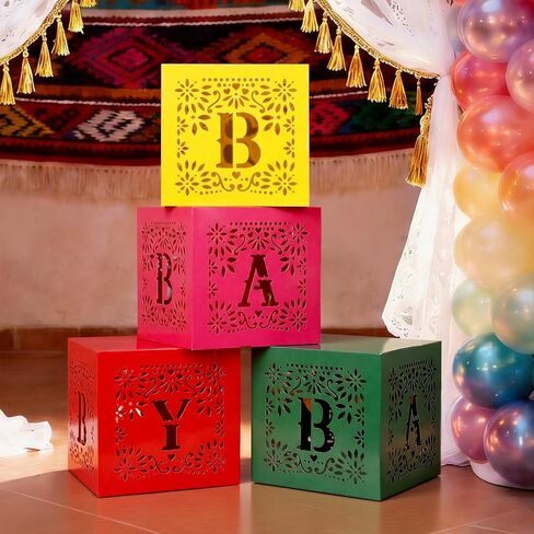 AmazingSpark 4 Pcs Mexican Baby Shower Party Decorations Mexican Papel Picado Baby Boxes with Letters Fiesta Taco Bout Blocks Boxes Decor for Gender Reveal Birthday Fiesta Photo Props in Kuwait